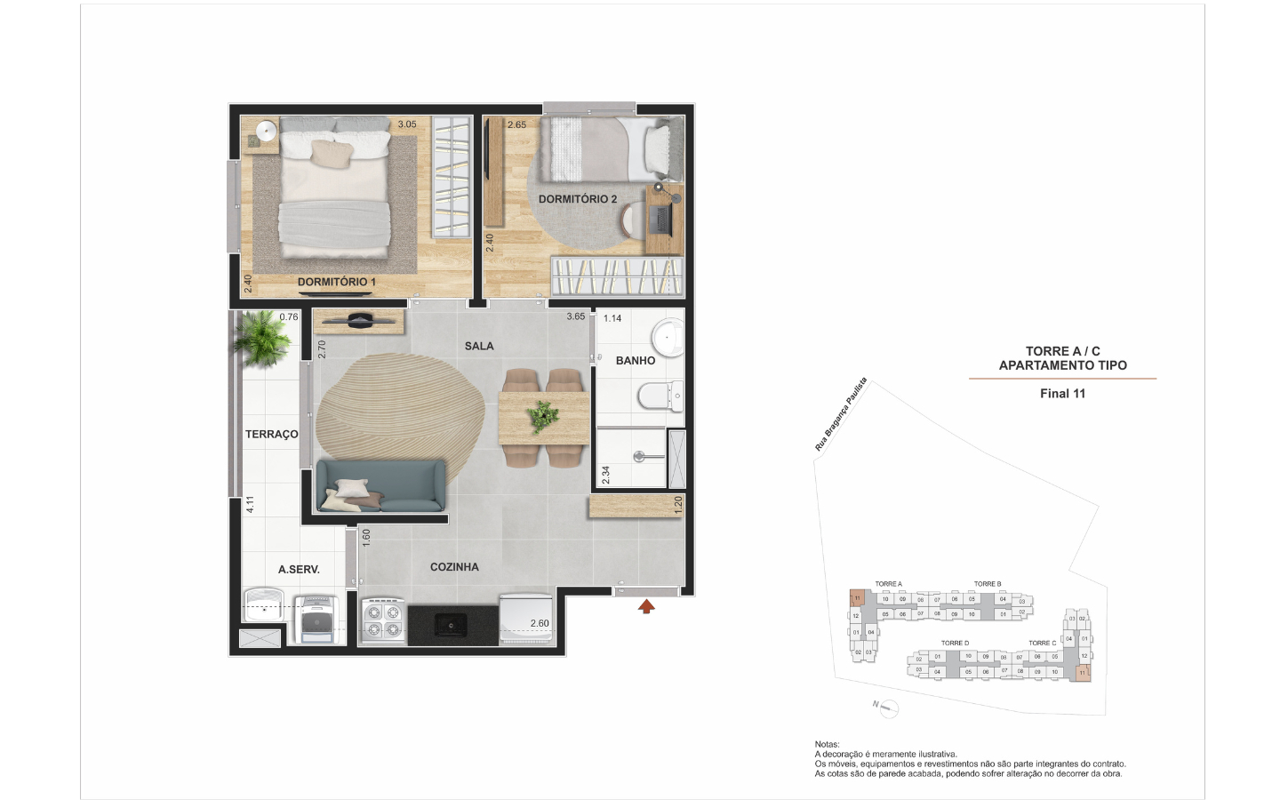 Planta 2 Quartos com Terraço